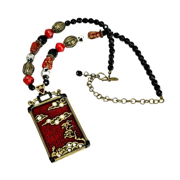 Chico’s pendant necklace antiqued goldtone & deep red enamel chunky retro look - Picture 1 of 8